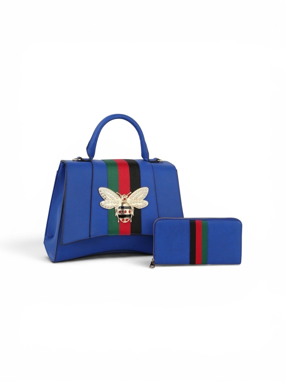 Blue Top-Handle Bag and Wallet Set with Bee Accent 2 in 1